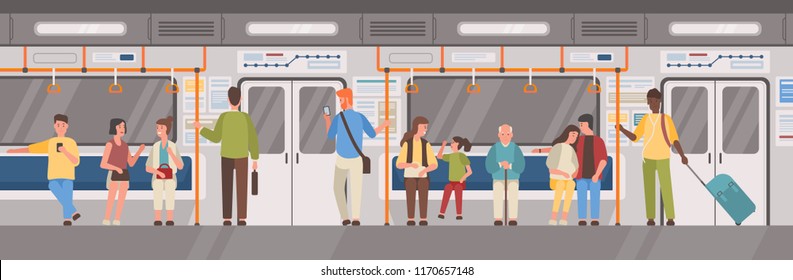 Люди или жители города в метро, метро, метро или метро поезд. Мужчины и женщины в общественном транспорте. Мужские и женские персонажи, использующие быстрый транзит. Векторная иллюстрация в стиле плоского мультфильма.