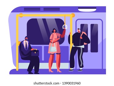 People or City Dwellers in Metro, Subway, Tube or Underground Train. Men and Women Passengers in Public Transport. Male and Female Characters Using Rapid Transit Cartoon Flat Vector Illustration