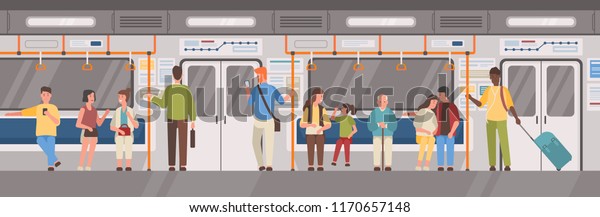 People or city dwellers in metro, subway, tube or\
underground train car. Men and women in public transport. Male and\
female characters using rapid transit. Vector illustration in flat\
cartoon style.
