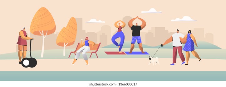 People City Dwellers Outdoors Activity. Male and Female Characters Spend Time in Public Park Walking with Pet, Driving Hoverboard, Eating Ice Cream, Doing Exercises. Cartoon Flat Vector Illustration