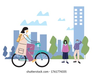 people in the city outdoors with mask vector illustration desing