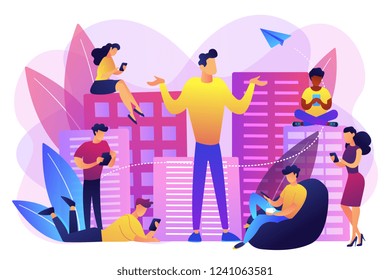 People in the city overusing mobile devices and a man feeling alone. Smartphone addiction, digital disorder, mobile device addiction concept. Bright vibrant violet vector isolated illustration