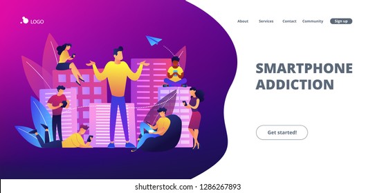 People in the city overusing mobile devices and a man feeling alone. Smartphone addiction, digital disorder, mobile device addiction concept. Website vibrant violet landing web page template.