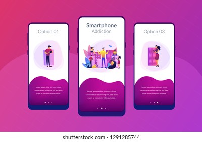 La gente en la ciudad sobreusa dispositivos móviles y un hombre se siente solo. adicción al teléfono inteligente, trastorno digital, concepto de adicción a dispositivos móviles. Plantilla GUI de UI de Mobile UX, modelo de alambre de interfaz de aplicación