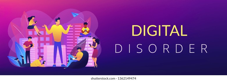 People in the city overusing mobile devices and a man feeling alone. Smartphone addiction, digital disorder, mobile device addiction concept. Header or footer banner template with copy space.