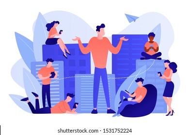 People in the city overusing mobile devices and a man feeling alone. Smartphone addiction, digital disorder, mobile device addiction concept. Pinkish coral bluevector isolated illustration