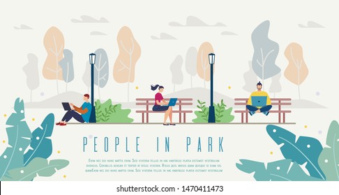 People in City Park, Comfortable Public Space or Nature Place Flat Vector Web Banner, Landing Page Template with Men and Woman Sitting on Grass and Bench in City Park, Working on Laptop Illustration