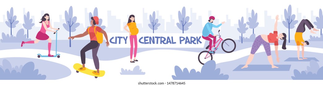 People in city park horizontal composition with young persons doing exercises outdoor riding skateboard scooter and bicycle flat vector illustration
