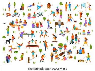 People In The City Park Nature Outdoor Scenes Constructor. Man Woman Children Adults Family Friends Walk With Dog, Talk Relax Read Book Chill Dance, Play Volleyball, Bocce, Table Tennis, Bbq Grill Set