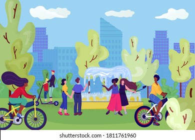 People in city park, on bicycles, having fun near fontain, leisure and rest in summer nature, making selphies with friends vector illustration. Couple walking in park, relaxing on sunny day.