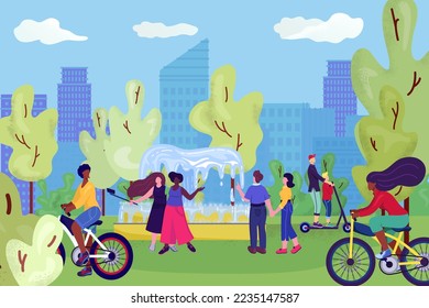 People in city park, on bicycles, having fun near fontain, leisure and rest in summer nature, making selphies with friends vector illustration.