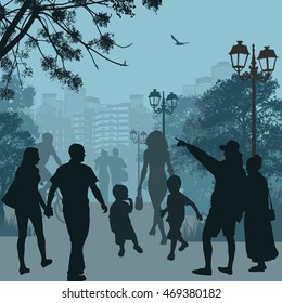 People in the city park on blue background, vector illustration