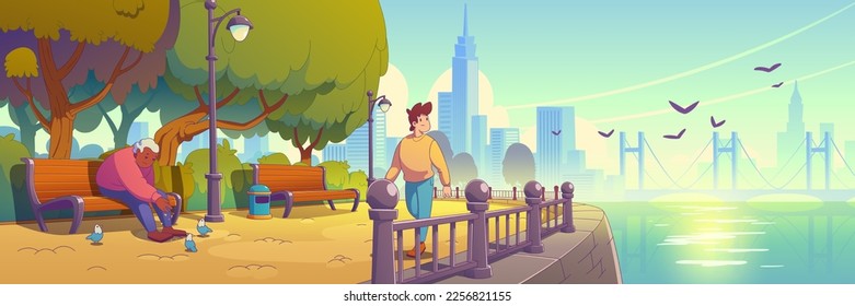 People in city park on sea beach embankment. Summer landscape of river quay with green trees, benches, walking person and old man feeding pigeons, vector illustration in contemporary style