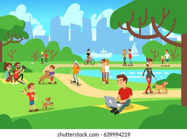 People in city park. Relaxing men and women outdoor with smart phones vector illustration