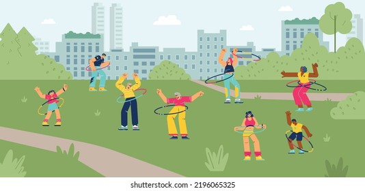 People in city park spinning hula hoop, group outdoor exercises - flat vector illustration. Diverse people of different ages workout with hula hoop ring. Men and women twisting sport ring on waist.
