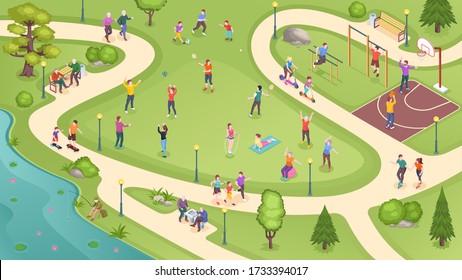 People in city park, sport activity and summer leisure games, isometric vector background. People in public park jogging, playing basketball and tennis, training at workout ground and riding scooters