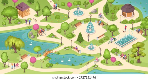 People in city park, summer leisure activity, isometric vector background. People rest in public park, sitting on bench, reading book and newspaper, walking and jogging, park pond, fountains and lawns