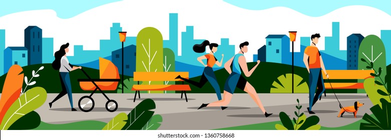 People in city park. Vector flat illustration. Spring and summer weekend leisure activity concept. Jogging couple and mom with baby in stroller walks in park.