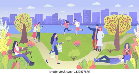 People In City Park Vector Illustration. Men, Women, Couples Activity And Leisure. Jogging, Walking, Reading Book, Resting On Grass And Drinking Coffee. People Sit, Lie, Run In Park Near Water.