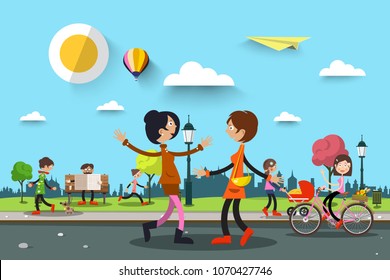 People in City Park. Vector Summer Landscape Illustration with Women and Man.