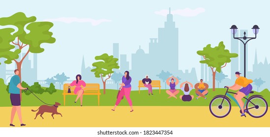People in city park, walking, bicycling, sitting on bench, doing yoga vector illustration. Urban cityscape and citizens having fun and leisure on summer day outside. Man with dog, woman with bag.