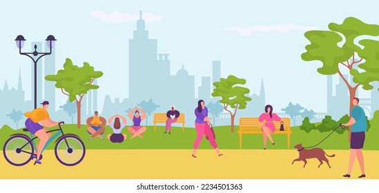 People in city park, walking, bicycling, sitting on bench, doing yoga vector illustration. Urban cityscape and citizens having fun.