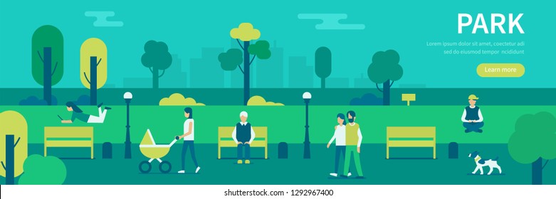 People in city park. Web banner with text place. Flat style vector illustration.