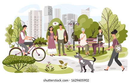 People in city park, weekend leisure in nature, vector illustration. Summer park in modern metropolis, woman walking dog, man riding bicycle, elderly couple sitting on bench. Active lifestyle in city