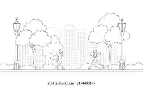 People, city skyline in line art style - landscape with houses, trees and clouds. Isolated vector illustration of beautiful cityscape for real estate and property banner or card.