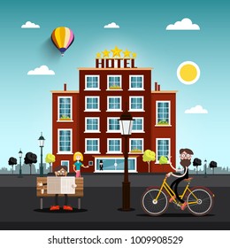 People in the City with Skyline on Horizon. Hotel Building on Background. Flat Design Vector Illustration.