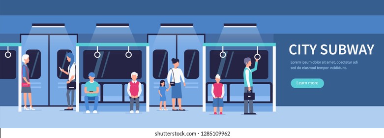 People in city subway. Passengers inside underground train.  Flat style vector illustration.