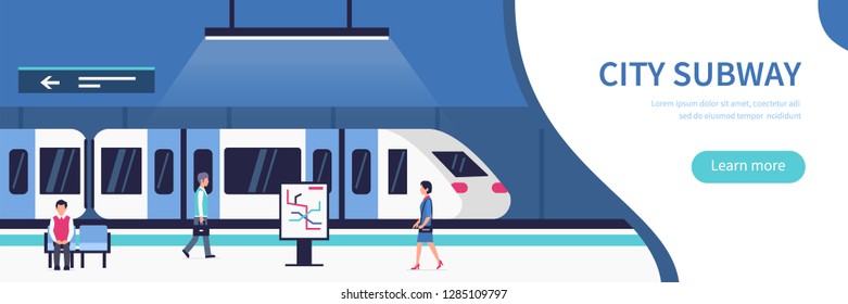 People in city subway. Passengers at subway station platform.  Flat style vector illustration.