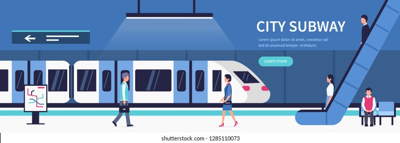 People in city subway. Passengers at subway station platform.  Flat style vector illustration.