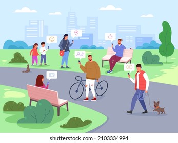 People city use smartphones. Many humans using mobile phones in street, smart online technology, crowd friends texting internet messages, digital vector. Illustration of man and woman with smartphone