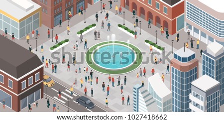 People in the city walking, meeting friends and shopping, top view