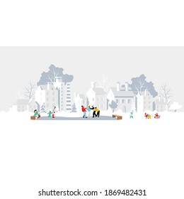 people in the city in winter. vector illustration of a winter holiday in a city Park. ice skating