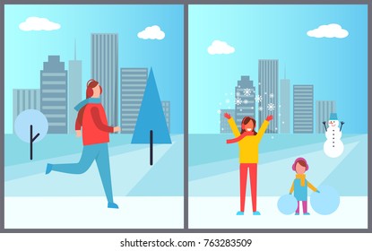 People and cityscape collection of posters with skiing man, woman with snowflakes and small girl holding snowballs and snowman vector illustration