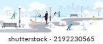 People in cityscape, snowy town park at cold winter season with snowflakes. Skaters couple on frozen lake ice. Man walking on path with dog, kid rolling a snowman, woman skiing. Vector illustration.