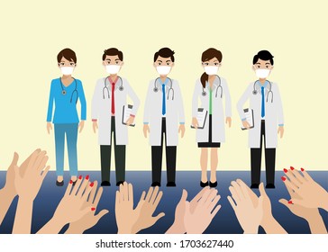 People clap hands to doctor team who wearing face mask fighting with COVID-19.Idea for thank and support all devoted of medical team to prevent spread of COVID-19 Corona virus outbreak during lockdown