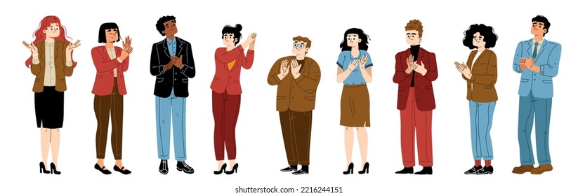 People clap, team congratulate colleague. Cheering and ovation concept with characters applaud stand in line. Men and women support, celebration, appreciation, Cartoon linear flat vector illustration