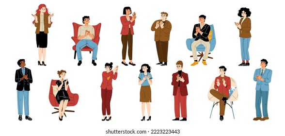 People clap, team congratulate colleague isolated set. Cheering and ovation concept with characters applaud. Men and women support, celebration, appreciation, Cartoon linear flat vector illustration