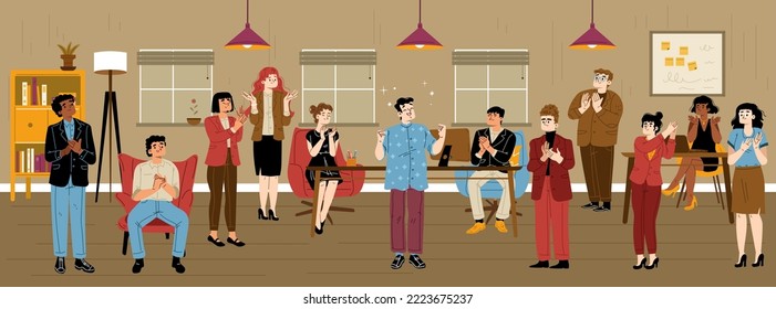 People clap, team congratulate colleague in office interior. Business characters applaud to coworker enjoying everyone's attention. Celebration, appreciation concept Cartoon linear vector illustration