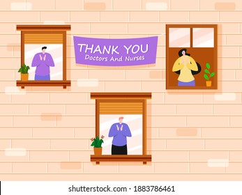 People Clapping To Appreciate Doctors and Nurses From Balcony or Window with Say Thank You on Peach Brick Wall Background.