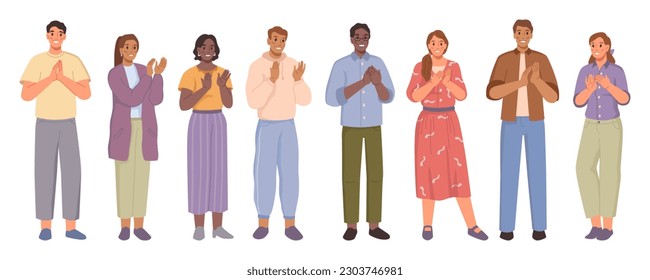 People clapping with hands, applauding set. Happy men, women greeting each other, congratulating with appreciation. Flat cartoon vector of multi ethnic characters support gestures, applause