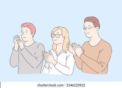 People clapping hands concept. Young male and female friends, office workers applauding, social acknowledgement, colleagues, partners support and congratulation gesture. Simple flat vector