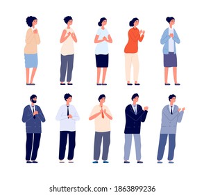 People clapping. Thankful business man, smiling women clap and support. Isolated office characters team applauding together utter vector set