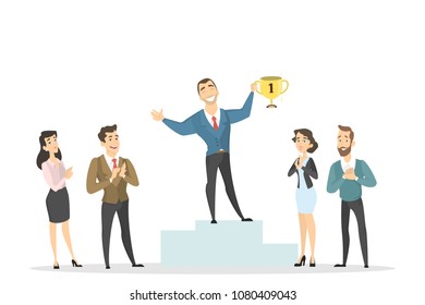 People clapping to a winner standing on white with golden cup.