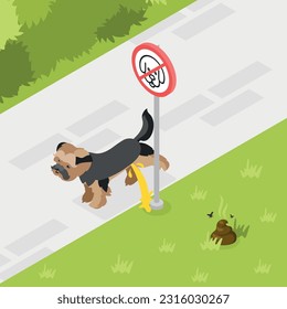 La gente limpia la composición de perros con popó en el césped verde en el parque y cachorro orinando la prohibición, señaliza ilustración vectorial isométrica