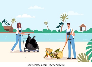 People clean beach cleanup rubbish waste sea garbage concept. Vector graphic design illustration