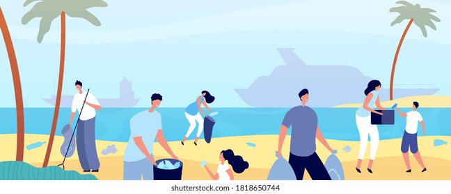 People clean beach. Man cleaning nature, volunteers save environment waterfront. Ocean coast ecology, plastic trash garbage vector concept